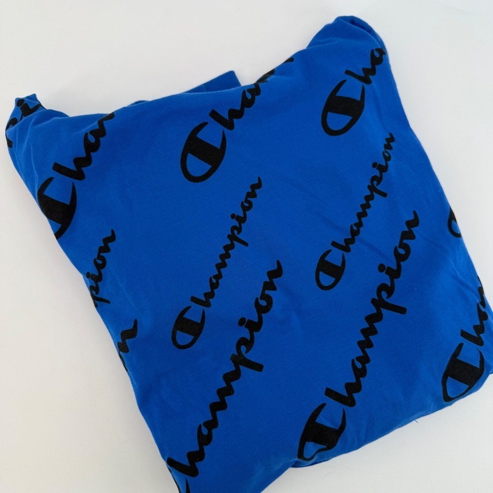 Kids Champion‎ All Over Logo Hoodie Blue Long Sleeve Pullover Size L